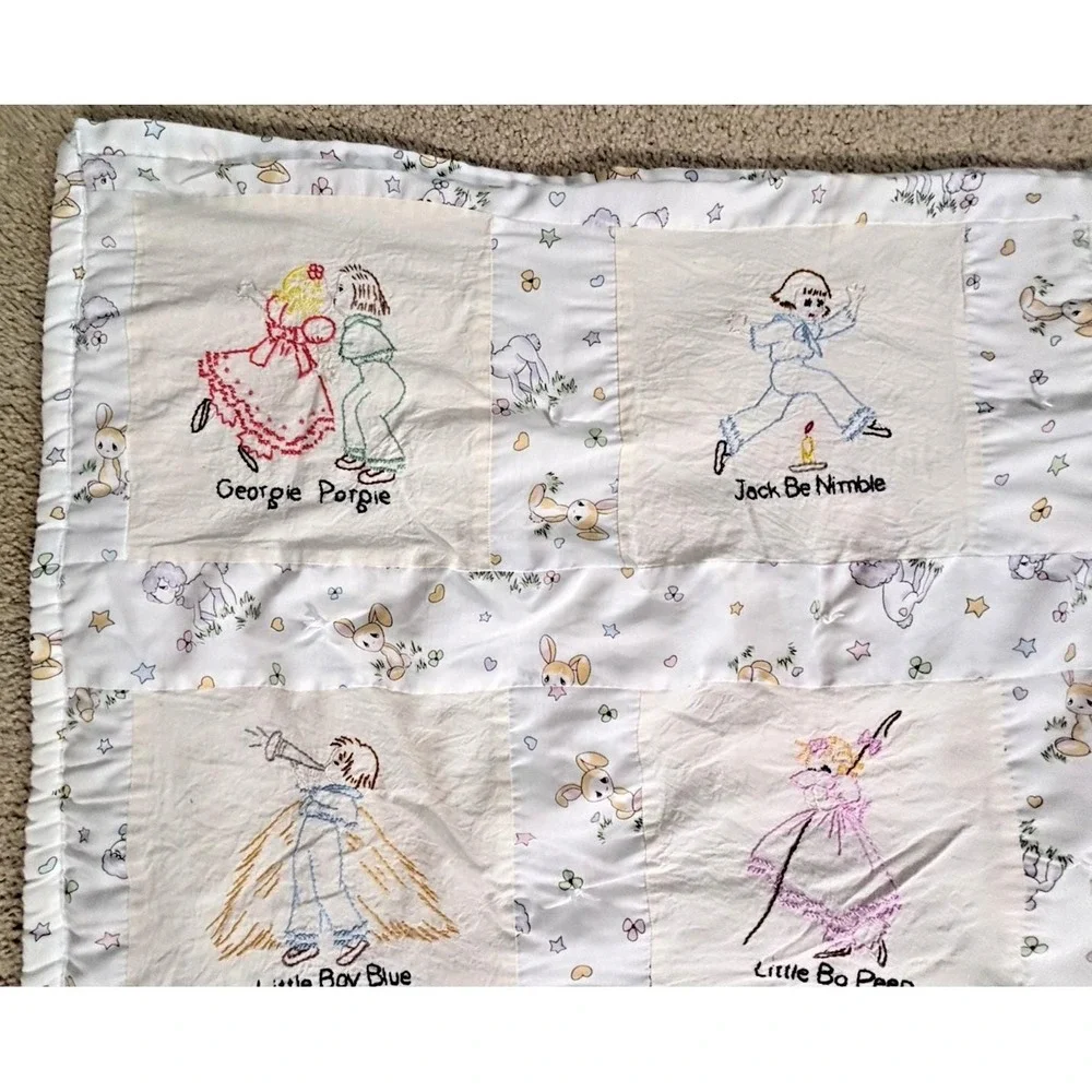 Adorable Vintage Crib Child Quilt NURSERY RHYMES 12 Hand Embroidered Squares
